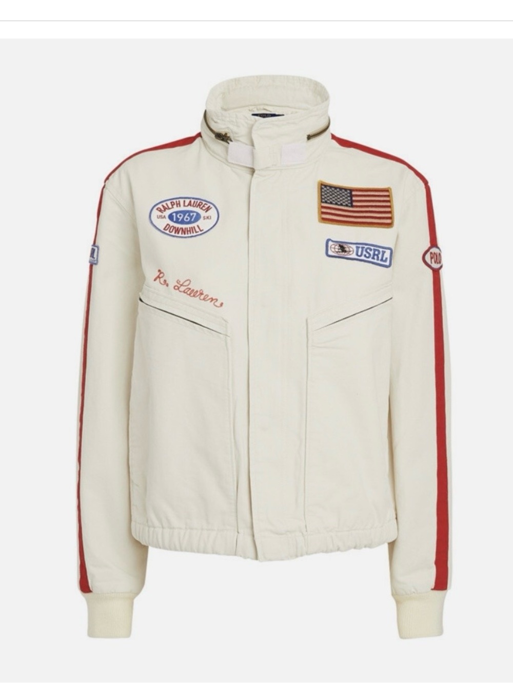 Polo Ralph Lauren Multi Patch Bomber Cream Jacket with Red Sleeve Stripes